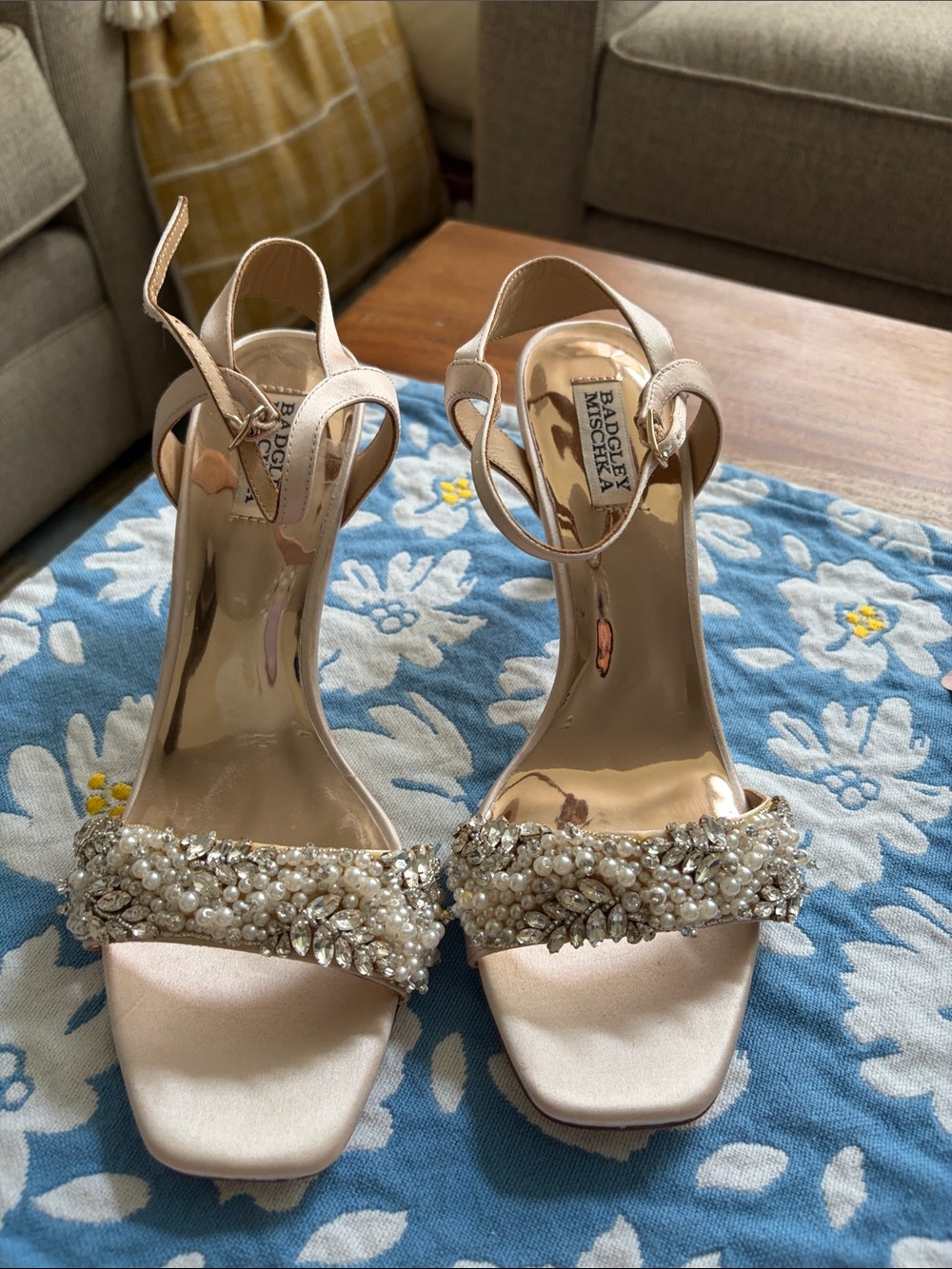 Badgley Mischka Champagne Satin Heels with Pearl & Crystal Strap